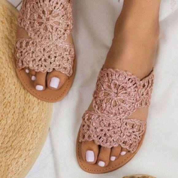 Woven Raffia Slide Sandals in Blush Nude - Picture 10 of 10